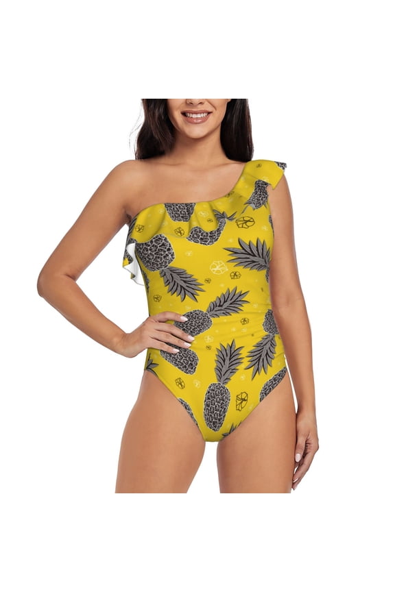 Summer Pineapple Pattern Women One Piece Swimsuits Tummy Control One Shoulder Bathing Suits Ruffle Swimwear-