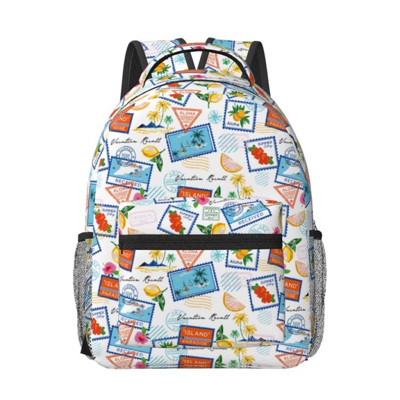 Rateoe Summer Stamp Pattern Durable Student Backpack Laptop Bag- Ergonomic Design, Waterproof Twill Fabric - Ideal for School, Travel, and Outdoor Activities