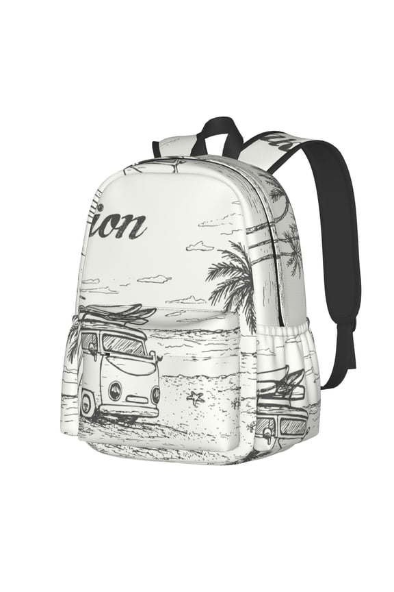 Summer Vacation Scene With Camping Van Pattern Student Backpack,Backpack for School,Lightweight Bag,Travel Backpack,Outdoor Backpack,Large Capacity Backpack