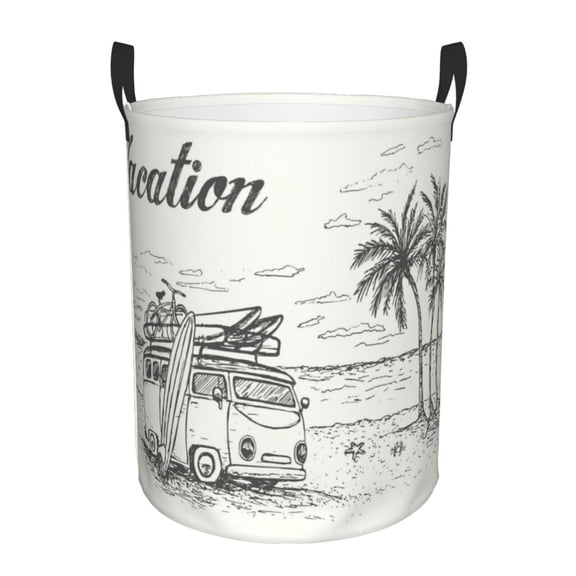 Rateoe Summer Vacation Scene With Camping Van Pattern Round Laundry Hamper Basket, Tall Hamper Basket for Blanket Storage, Nursery Clothes Hamper for Laundry in Bedroom and College Dorm-Medium