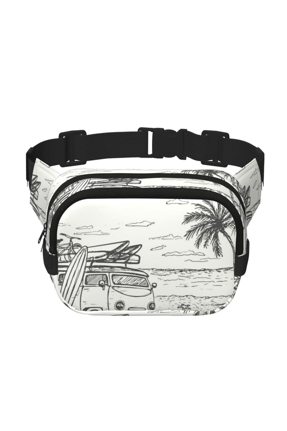 Summer Vacation Scene With Camping Van Print Fanny Pack Belt Bag for Women and Men, Square Double-Layer Waterproof Waist Pack with Adjustable Strap for Hiking, Jogging, Cycling