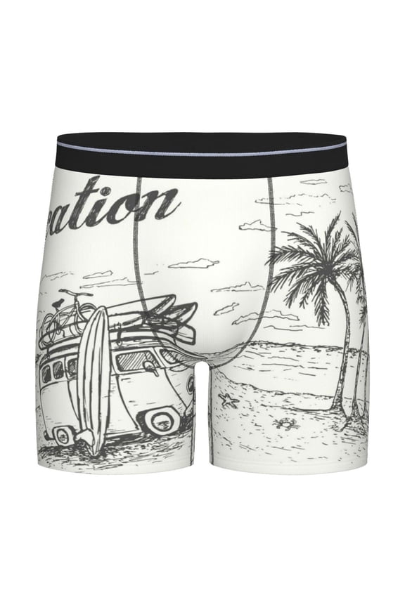 Summer Vacation Scene With Camping Van Print Men’s Underwear Boxer Briefs Soft Comfortable Underwear Boxer Briefs, Long Leg Briefs,Anti-chafing Boxer Briefs