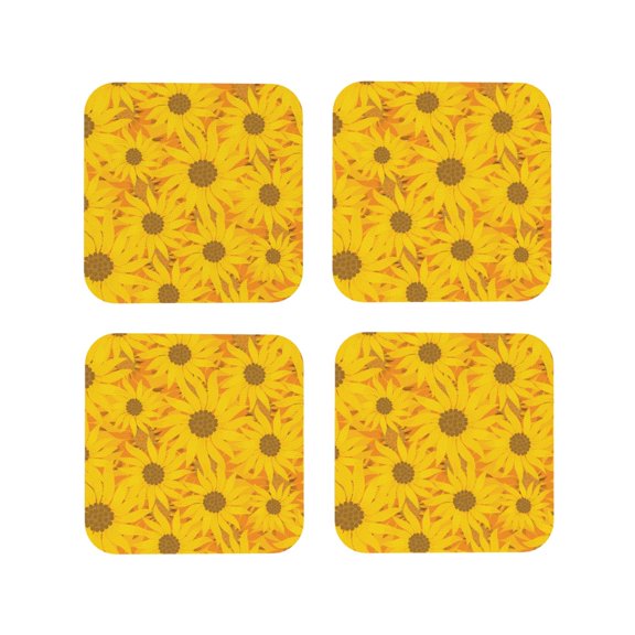 Rateoe Sun Flowers Drawing Drink Coasters Set of 4 Leather Coasters Spill Protection for Table Desk,Durable and Non Slip Leather Coaster ,4 Inches Drink Mats-Square