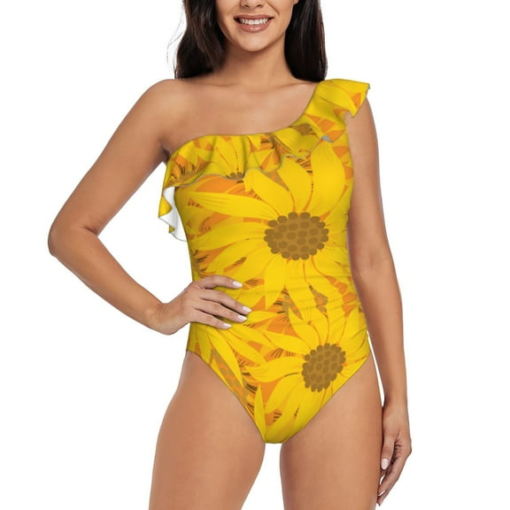 Rateoe Sun Flowers Pattern Women One Piece Swimsuits Tummy Control One Shoulder Bathing Suits Ruffle Swimwear-X-Large