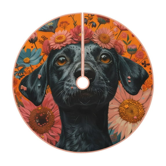 Rateoe Sunflower Black Dog Pattern Christmas Tree Skirt with Ties , Christmas Tree Decorations, Farmhouse Christmas Decor Xmas Holiday Decorations-48"