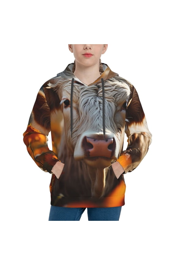 Sunflower Cow In Flower Field Pattern Boys Hoodie, Youth Pullover Hooded Sweatshirt, Kangaroo Pocket Hoodie for Kids-Medium