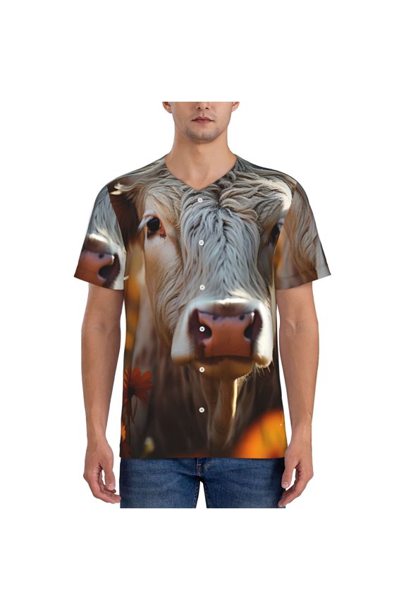 Sunflower Cow In Flower Field Pattern Men’s Baseball Short Sleeve Polo Shirt, Midweight Men's Shirt Golf Shirt Polo Shirts Quick Dry Short-Small