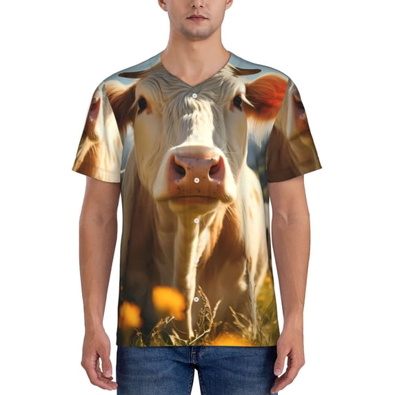 Rateoe Sunflower Cow Pasture Pattern Men’s Baseball Short Sleeve Polo Shirt, Midweight Men's Shirt Golf Shirt Polo Shirts Quick Dry Short-Medium