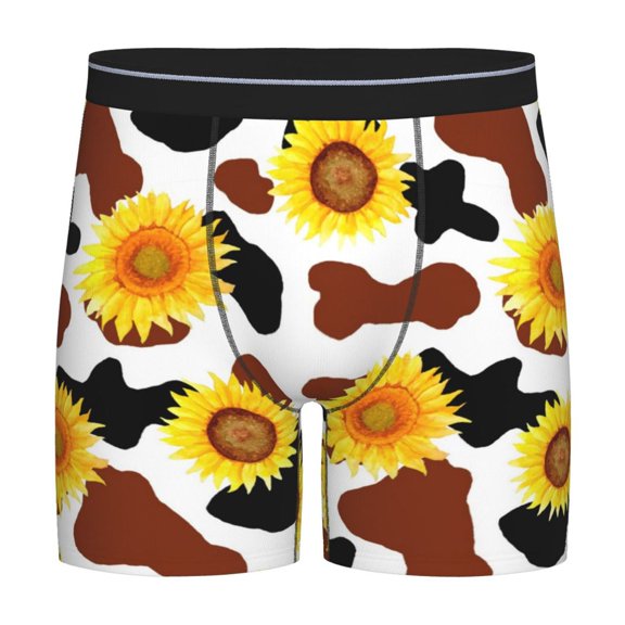 Rateoe Sunflower Cow Print Men’s Underwear Boxer Briefs Soft Comfortable Underwear Boxer Briefs, Long Leg Briefs,Anti-chafing Boxer Briefs