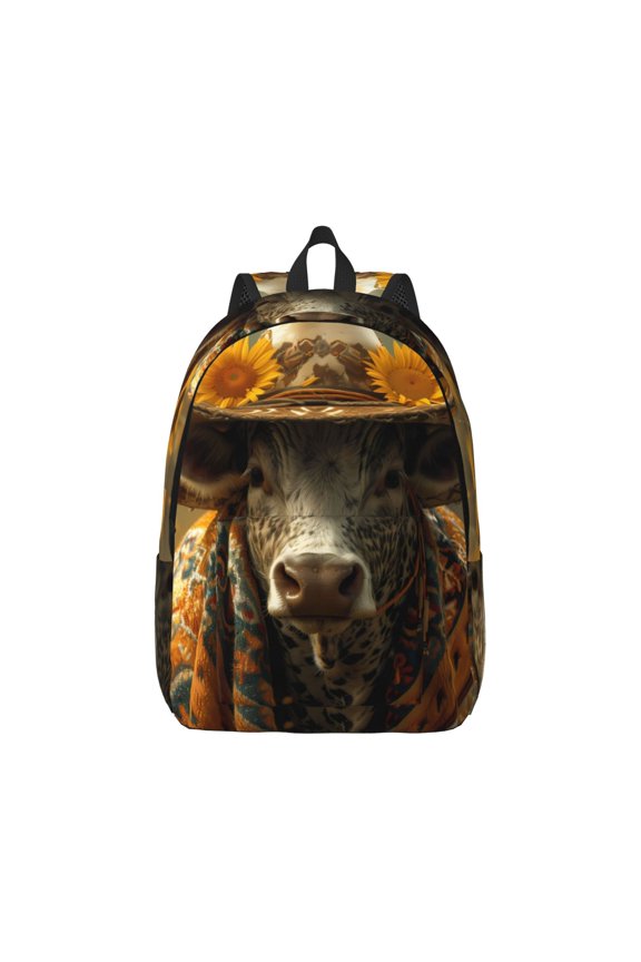 Sunflower Cowboy Hat Cow Pattern Canvas College Laptop Backpack,Travel Daypack,Durable Rucksack Travel Notebook Bag School Backpack Book Bag for Men Women-Medium