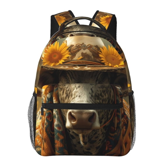 Rateoe Sunflower Cowboy Hat Cow Pattern Casual Backpack for School, Work, Travel – Adjustable Straps, Multiple Compartments – Ergonomic Design, Fits Laptops and Tablets
