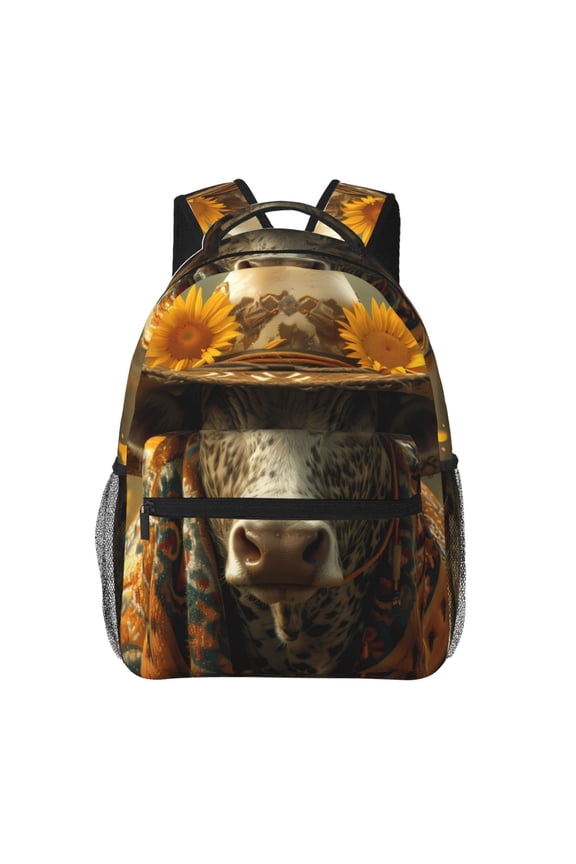Sunflower Cowboy Hat Cow Pattern Casual Backpack for School, Work, Travel Adjustable Straps, Multiple Compartments Ergonomic Design, Fits Laptops and Tablets