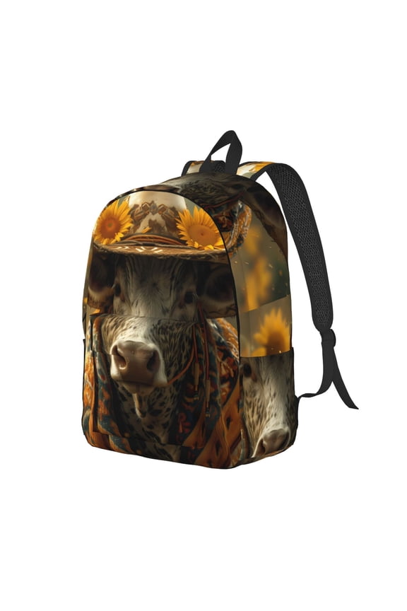 Sunflower Cowboy Hat Cow Pattern Durable Canvas Backpack for Men & Women – Stylish & Lightweight – Adjustable Straps, Multiple Pockets – Fits 15-17 Inch LaptopsSmall