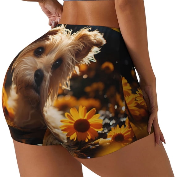 Rateoe Sunflower Cute Puppy Printed Power Workout Shorts for Women Tummy Control Squat Proof Ribbed Thick Seamless Scrunch Active Short-X-Large