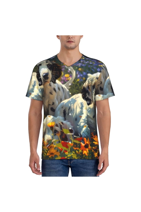 Sunflower Field Spotted Dog Pattern Men’s Baseball Short Sleeve Polo Shirt, Midweight Men's Shirt Golf Shirt Polo Shirts Quick Dry Short-Large