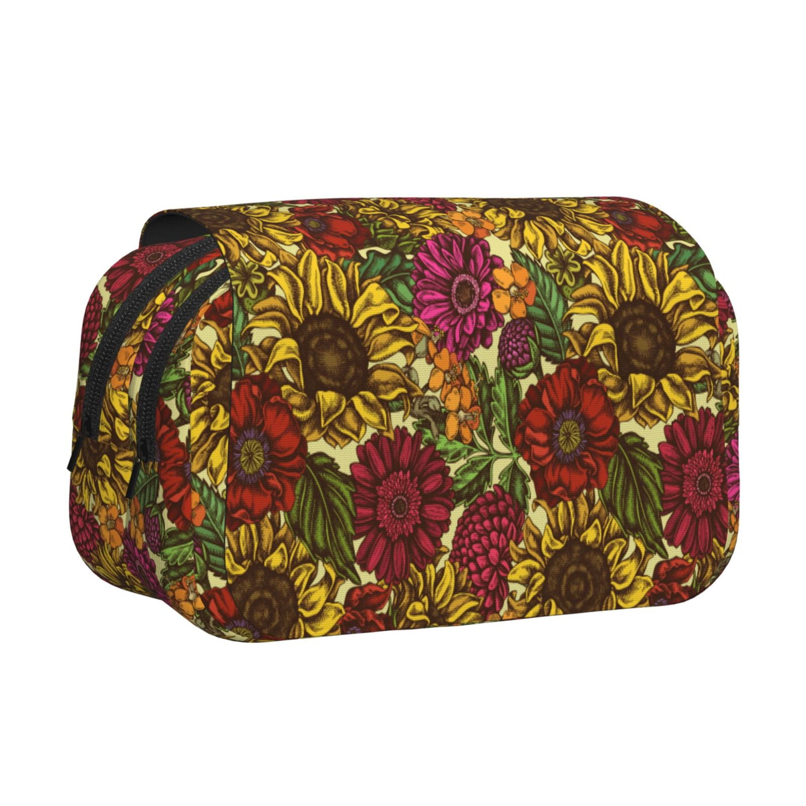 Rateoe Sunflower Pattern Double Clamshell Pen Case, Storage Organizer with Two Zipper Compartments– Holds Up to 50 Pencils & Pens