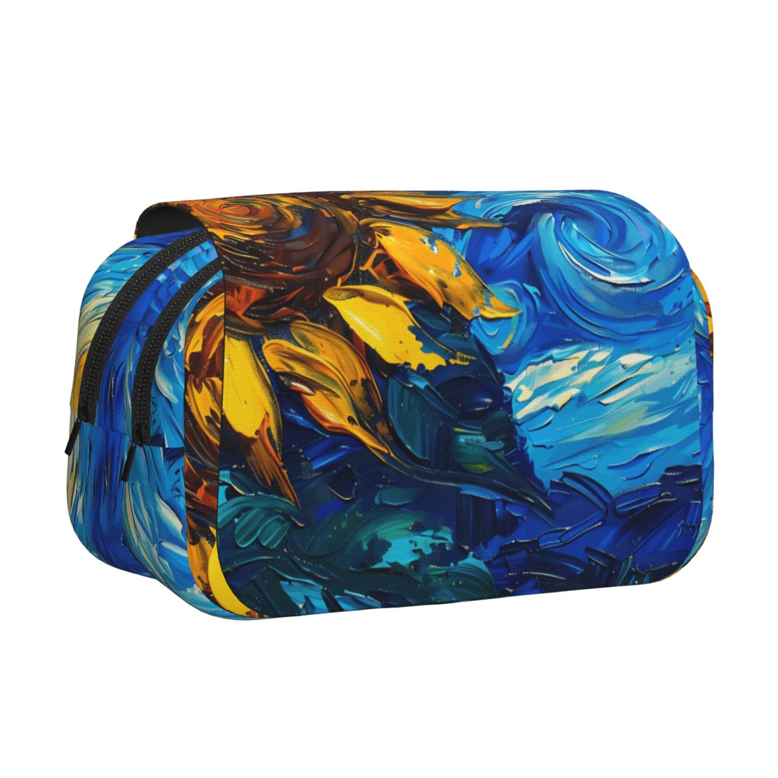 Rateoe Sunflower Starry Night Vibes Pattern Double Clamshell Pen Case, Storage Organizer with Two Zipper Compartments– Holds Up to 50 Pencils & Pens
