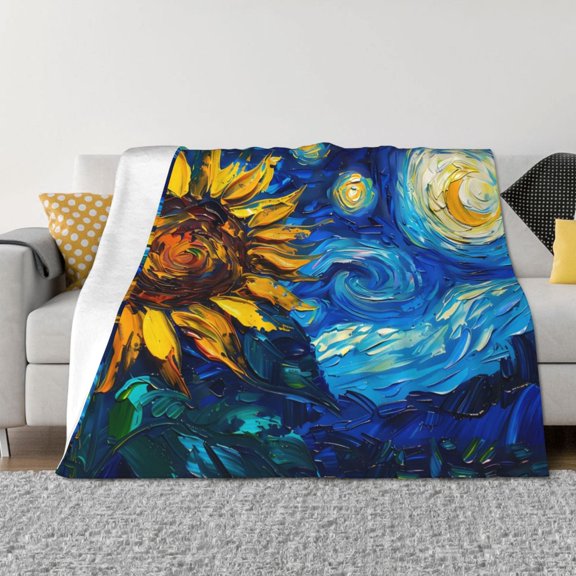 Rateoe Sunflower Starry Night Vibes Pattern Flannel Throw Blanket, Ultra-soft Blanket for Bed, Couch, Car, Hypoallergenic Anti-pilling blanket-80"x60"(Horizontal)