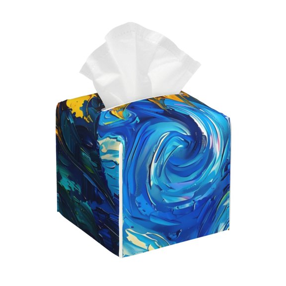 Rateoe Sunflower Starry Night Vibes Pattern Tissue Box Cover, Modern Square Decorative Leather Facial Paper Case Organizer Holder Dispenser 5X5X5''