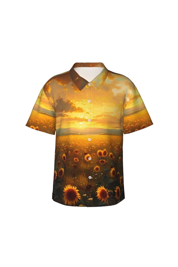 Sunflower Sunset Rainfall Pattern Men’s Hawaiian Shirt – Short Sleeve Button-Down Tropical Beach Shirt, Lightweight & Breathable Casual Aloha Shirt with Pocket,