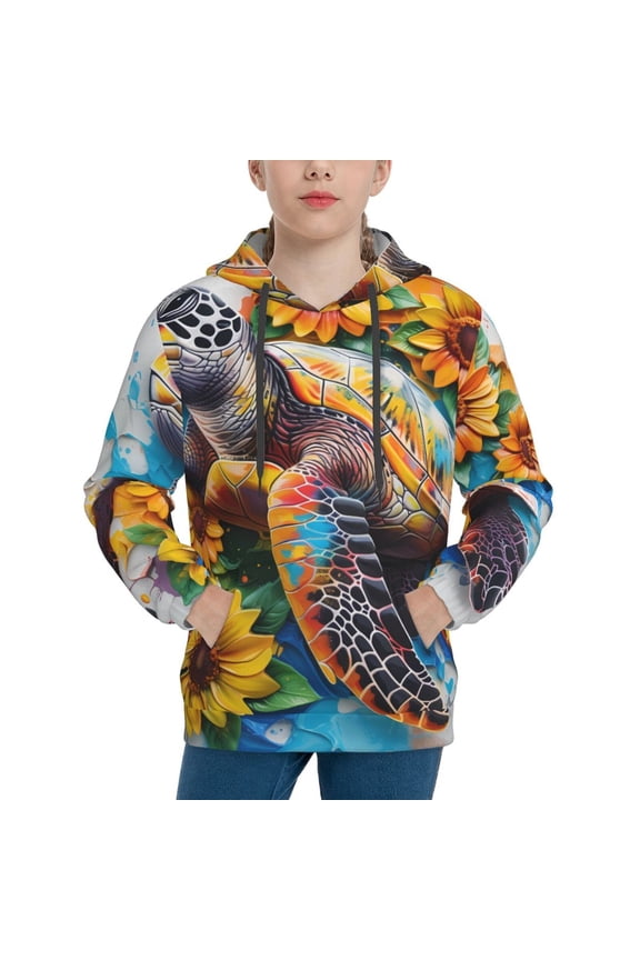 Sunflower Turtle Pattern Boys Hoodie, Youth Pullover Hooded Sweatshirt, Kangaroo Pocket Hoodie for Kids-Small