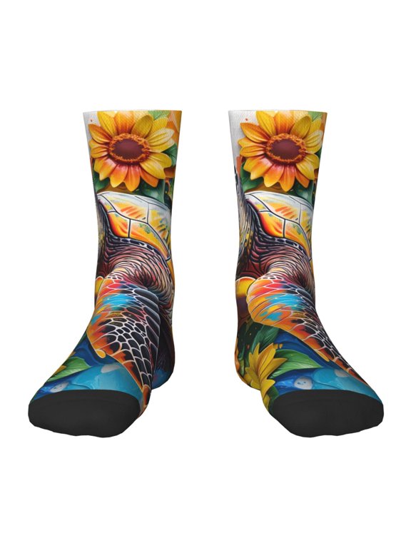 Sunflower Turtle Pattern Children's Socks, Socks Gifts ,kids Crew Soft Cotton Socks , Moisture-Wicking, Durable, Ideal for Daily Wear & Sports