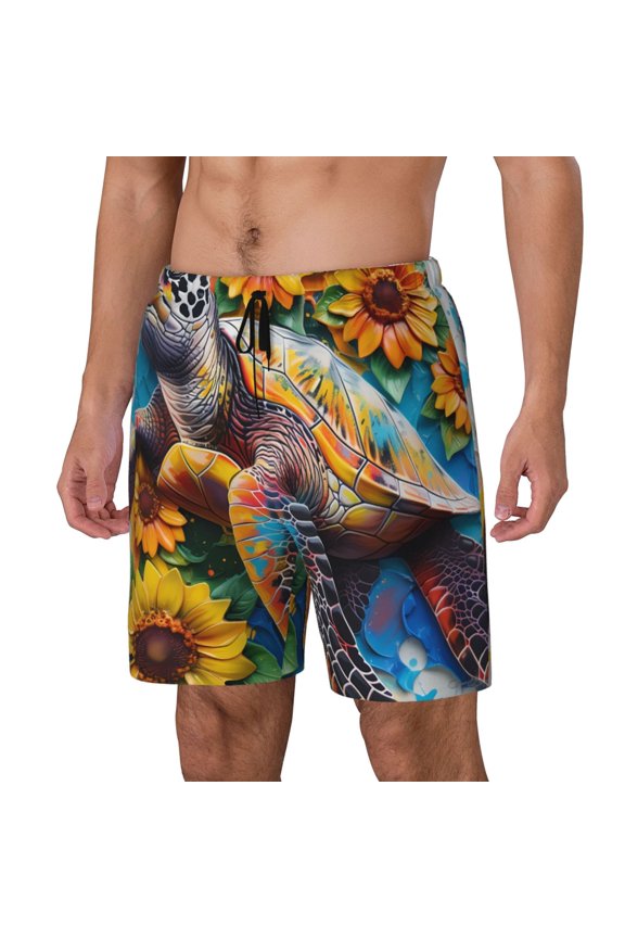 Sunflower Turtle Pattern Men’s Swim Shorts with Compression Liner – Double-Layered Quick-Dry Swimwear, Comfortable & Stretchy Beach Shorts-XX-Large