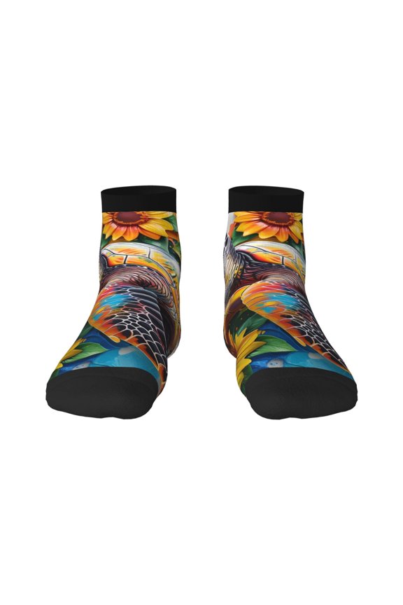 Sunflower Turtle Pattern Quarter Crew Socks,Toe Seamed Ankle Socks,Cotton Cushioned Breathable Athletic Crew Sports Socks