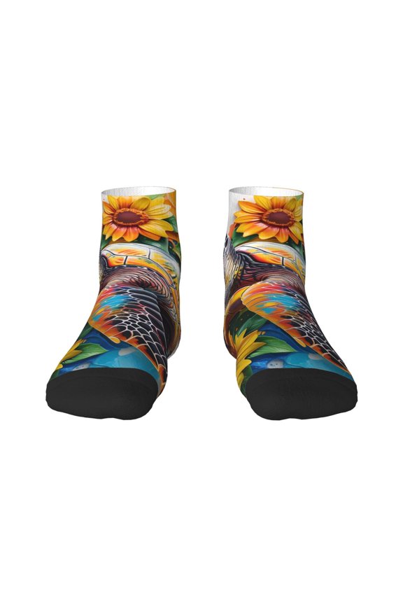 Sunflower Turtle Pattern Quarter Crew Socks,Toe Seamed Ankle Socks,Cotton Cushioned Breathable Athletic Crew Sports Socks
