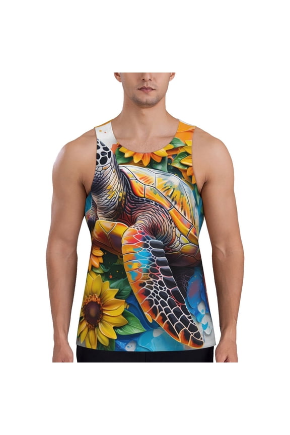 Sunflower Turtle Pattern Sleeveless Gym Shirt Muscle Tee Breathable Workout Shirt Slim-Fit Tank Quick Dry Fit Muscle Tank Top Bodybuilding Sleeveless T Shirt-Small