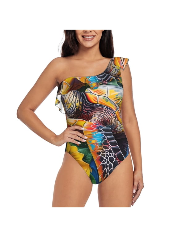 Sunflower Turtle Pattern Women One Piece Swimsuits Tummy Control One Shoulder Bathing Suits Ruffle Swimwear-Medium