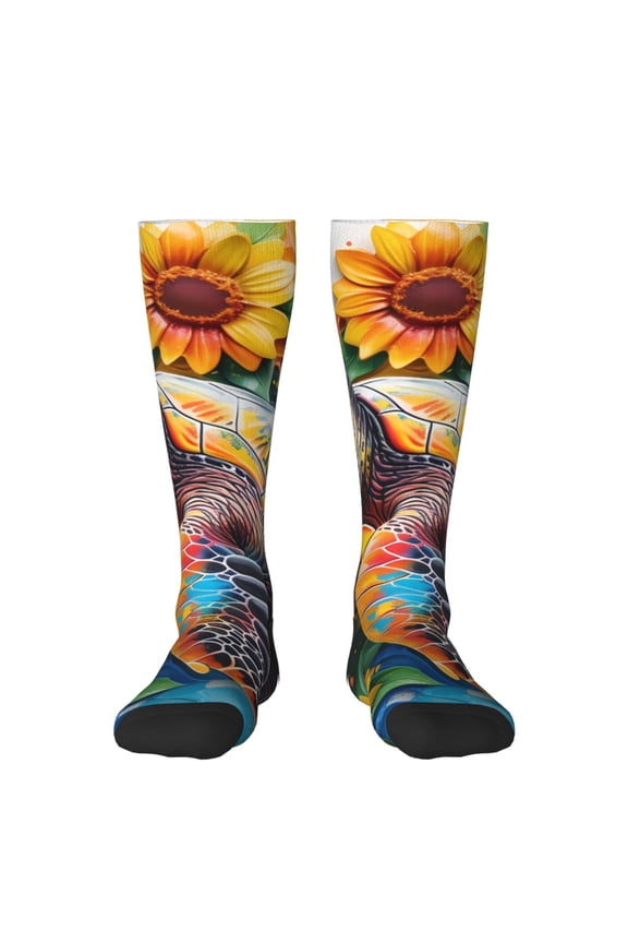 Sunflower Turtle Pattern Women’s Knee High Crew Socks,Trouser Socks Comfortable, Breathable, Moisture-Wicking and Soft