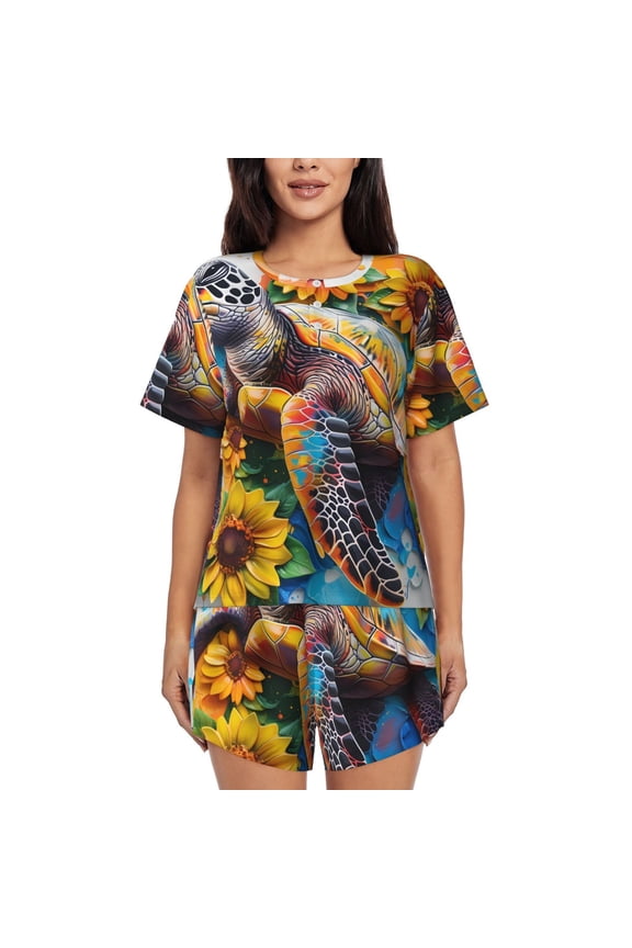 Sunflower Turtle Pattern Women's Short-Sleeved Pajama Set - 2 Piece Soft and Lightweight Sleepwear Set-Large