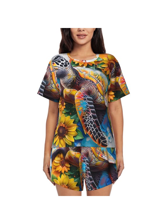 Sunflower Turtle Pattern Women's Short-Sleeved Pajama Set - 2 Piece Soft and Lightweight Sleepwear Set-XX-Large