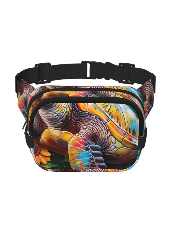 Sunflower Turtle Print Fanny Pack Belt Bag for Women and Men, Square Double-Layer Waterproof Waist Pack with Adjustable Strap for Hiking, Jogging, Cycling