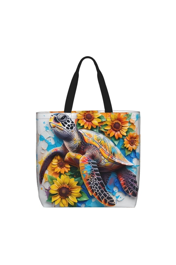 Sunflower Turtle Print Lightweight Tote Bag for Women, Water-Resistant Shoulder Bag with Zipper, Spacious Casual Handbag for Work, School, Shopping