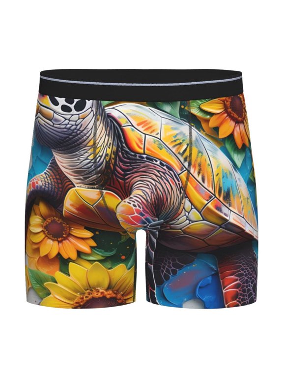 Sunflower Turtle Print Men’s Underwear Boxer Briefs Soft Comfortable Underwear Boxer Briefs, Long Leg Briefs,Anti-chafing Boxer Briefs