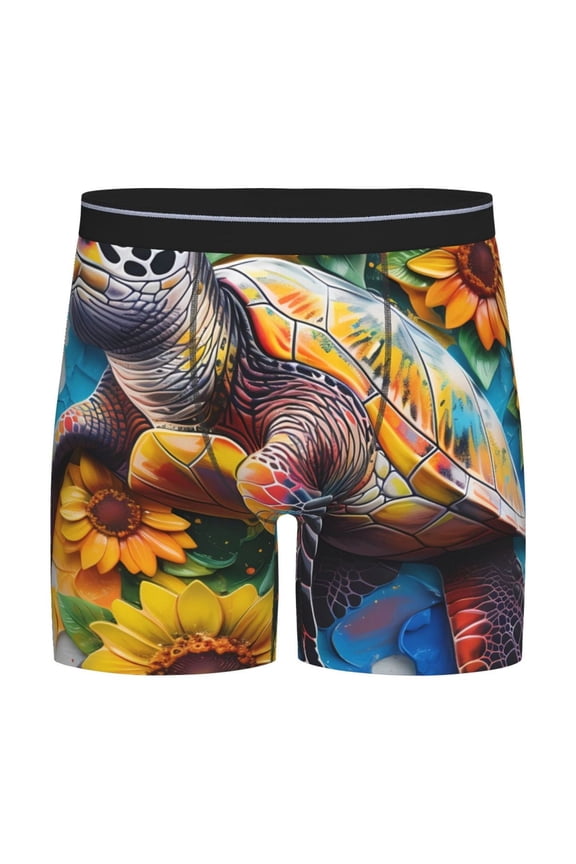 Sunflower Turtle Print Men’s Underwear Boxer Briefs Soft Comfortable Underwear Boxer Briefs, Long Leg Briefs,Anti-chafing Boxer Briefs