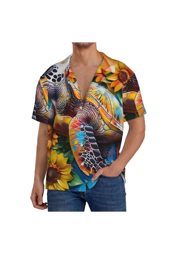 Sunflower Turtle Print Mens Front Pocket Hawaiian Shirts Casual Shirts Short Sleeve Button Down Beach Tropical Shirts-Small