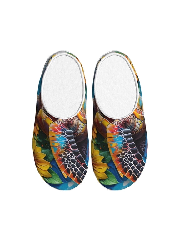 Sunflower Turtle Print Women's Men's Cotton Knit Slippers Lightweight Memory Foam Indoor House Shoes with Anti-Skid Sole-46/47