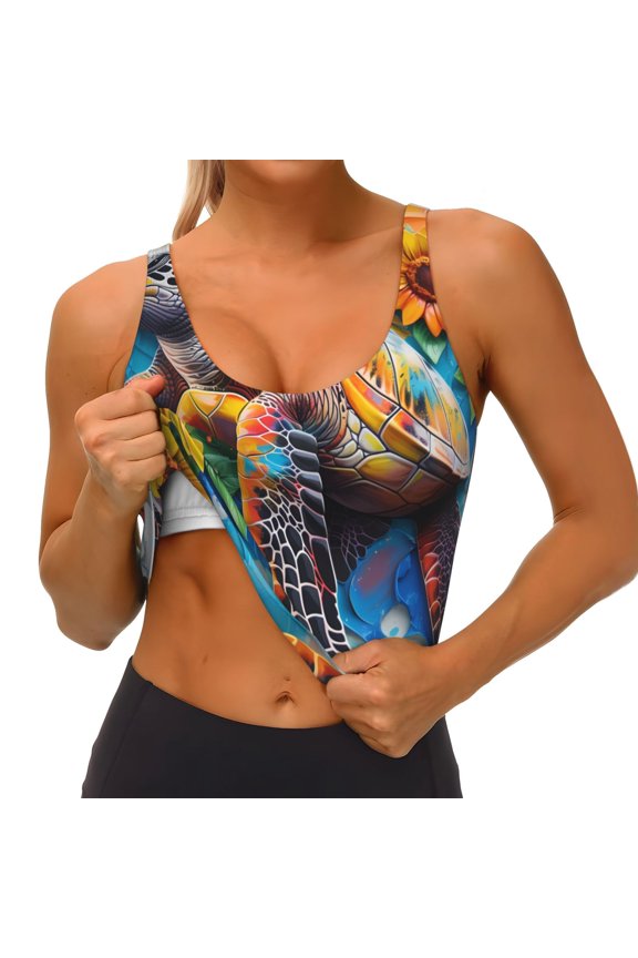 Sunflower Turtle Print Womens' Sports Bras Scoop Neck Sports Vest- Padded U Back Seamless High Impact Support