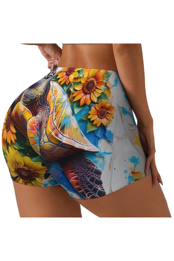 Sunflower Turtle Printed Power Workout Shorts for Women Tummy Control Squat Proof Ribbed Thick Seamless Scrunch Active Short-Medium