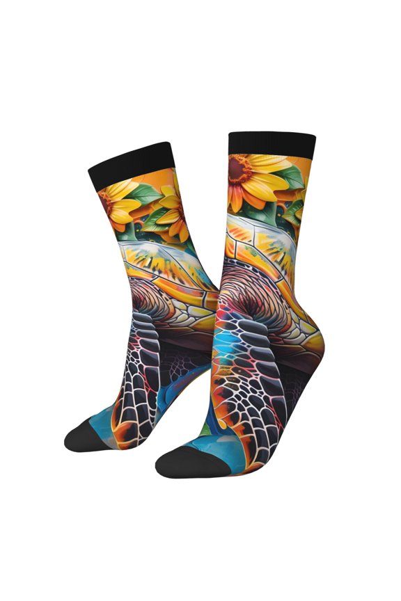 Sunflower Turtle for Women Casual Calf Socks - Cute Crew Socks - Thin Soft Above Ankle Socks Size 5-11
