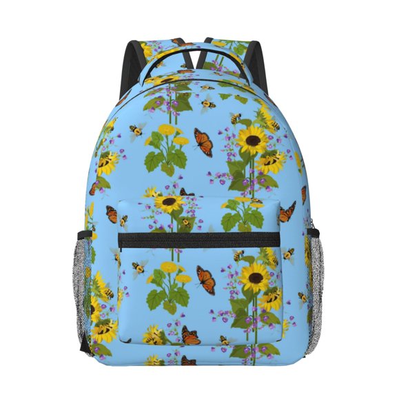 Rateoe Sunflowers And Bees Pattern Durable Student Backpack Laptop Bag- Ergonomic Design, Waterproof Twill Fabric - Ideal for School, Travel, and Outdoor Activities-One Size