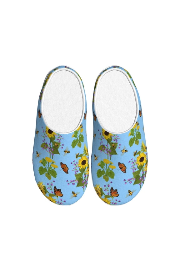 Sunflowers And Bees Print Women's Men's Cotton Knit Slippers Lightweight Memory Foam Indoor House Shoes with Anti-Skid Sole-46/47