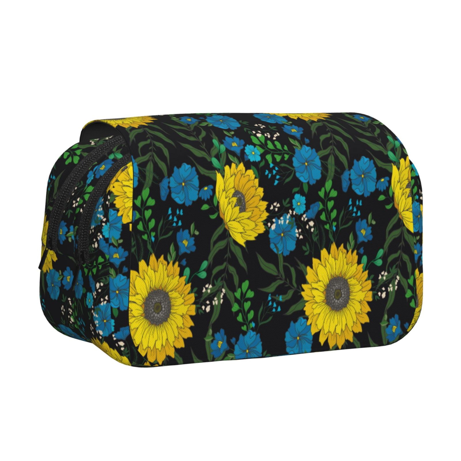 Rateoe Sunflowers And Blue Flower Pattern Double Clamshell Pen Case, Storage Organizer with Two Zipper Compartments– Holds Up to 50 Pencils & Pens