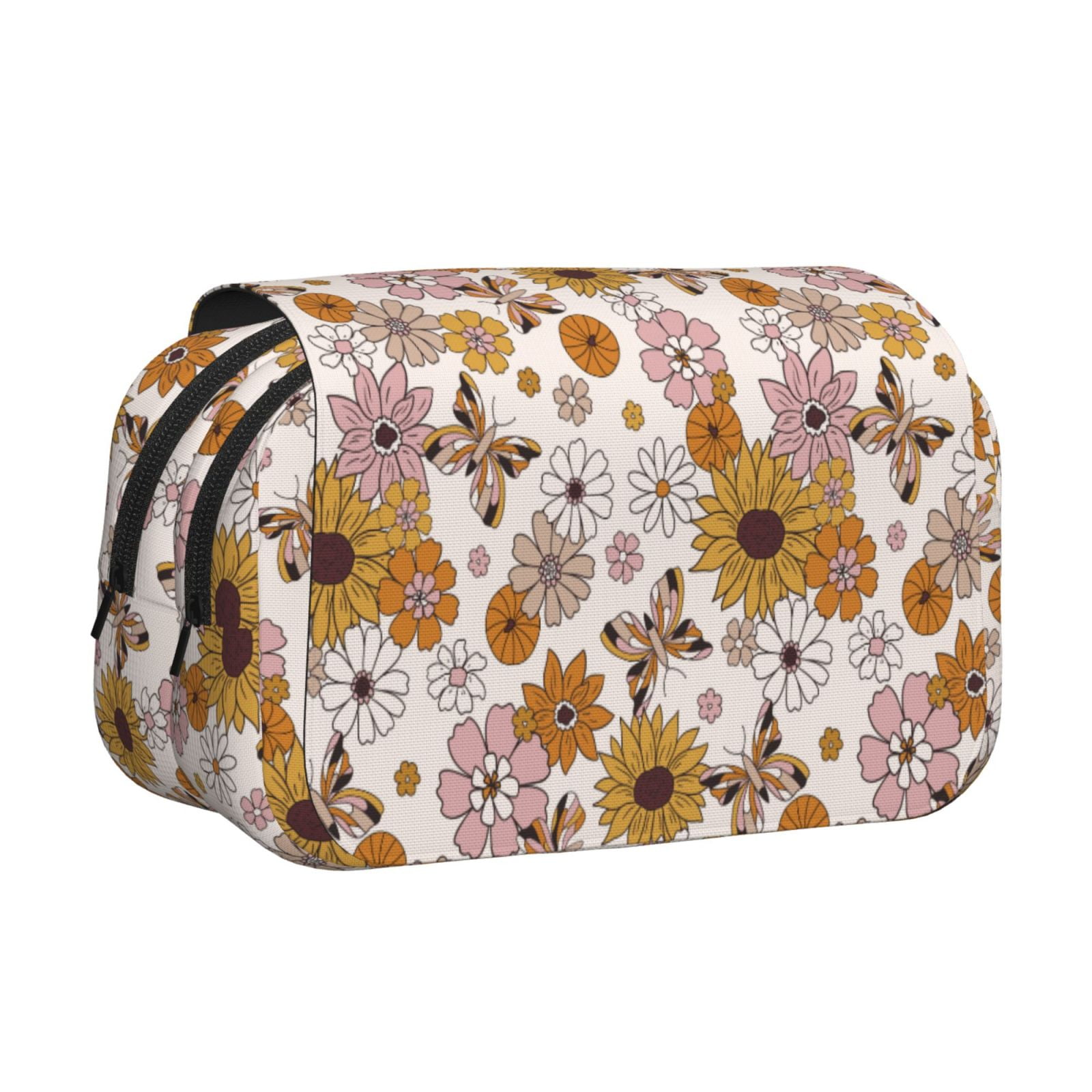 Rateoe Sunflowers And Butterflies Pattern Double Clamshell Pen Case, Storage Organizer with Two Zipper Compartments– Holds Up to 50 Pencils & Pens