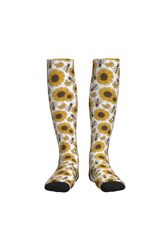 Sunflowers and Bees Compression Socks for Women and Men 20-30mmHg-Circulation Support Socks Knee High Nurse Pregnant Running Medical and Travel Athletic