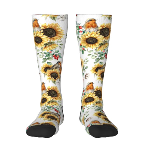 Rateoe Sunflowers Leaves And Birds Pattern Women’s Knee High Crew Socks,Trouser Socks Comfortable, Breathable, Moisture-Wicking and Soft
