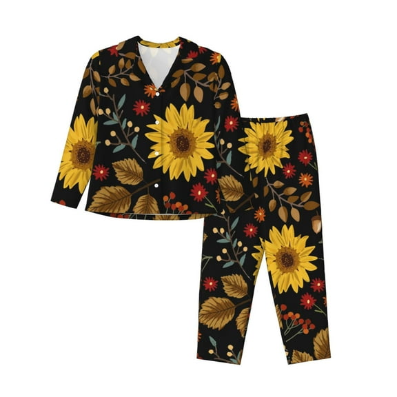 Rateoe Sunflowers Leaves Pattern Womens Pajamas Set Long Sleeve Sleepwear Button Down Nightwear Soft Cotton Pj Lounge Sets